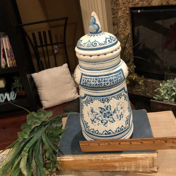 Large Benlloch Spanish Pitcher Vase Crackle Glaze Blue White 13.5 Inches Tall - Picture 6 of 8